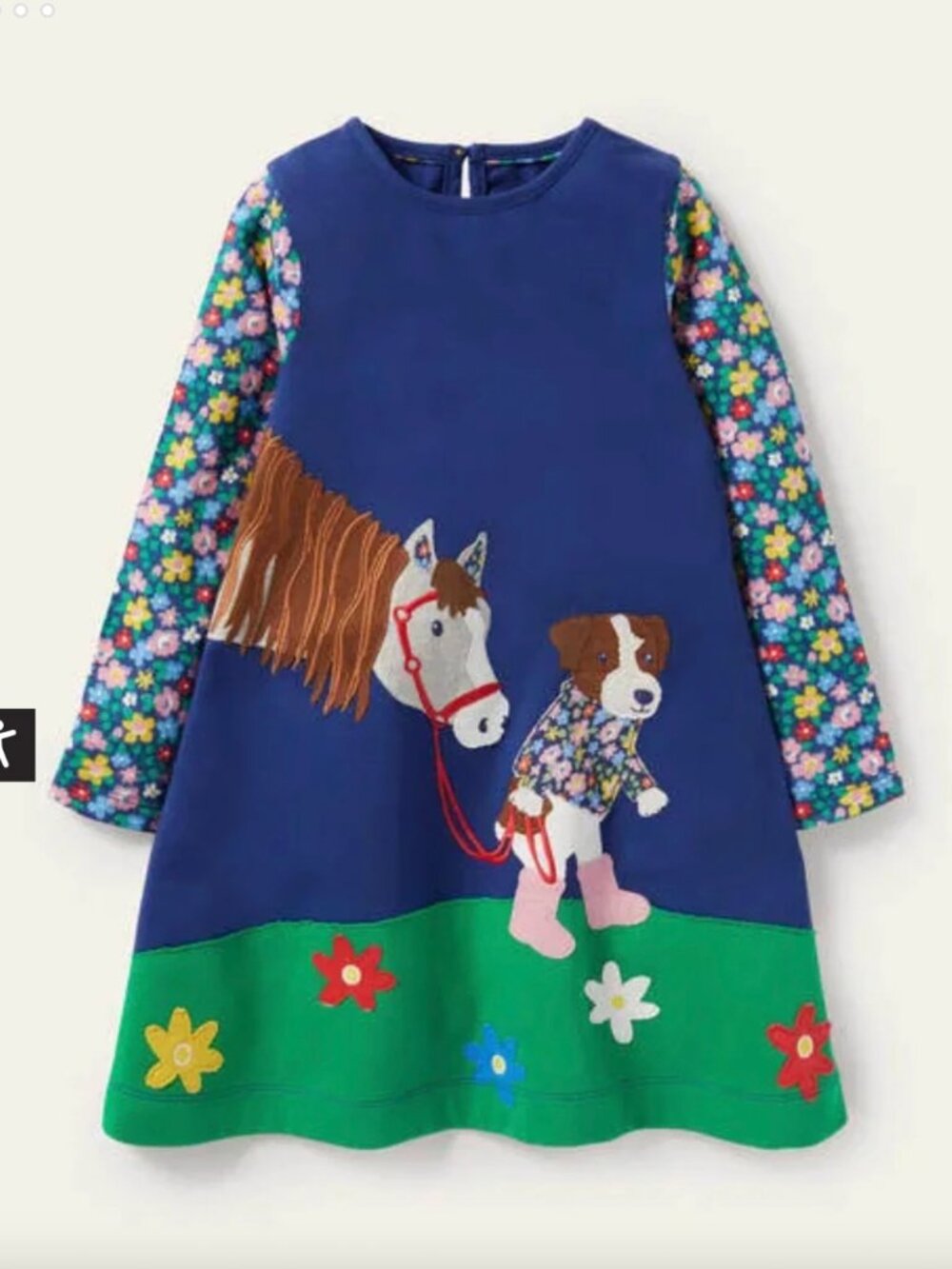 Mini Boden Appliqué Dress Starboard Dog Blue Horse - Size 5-6